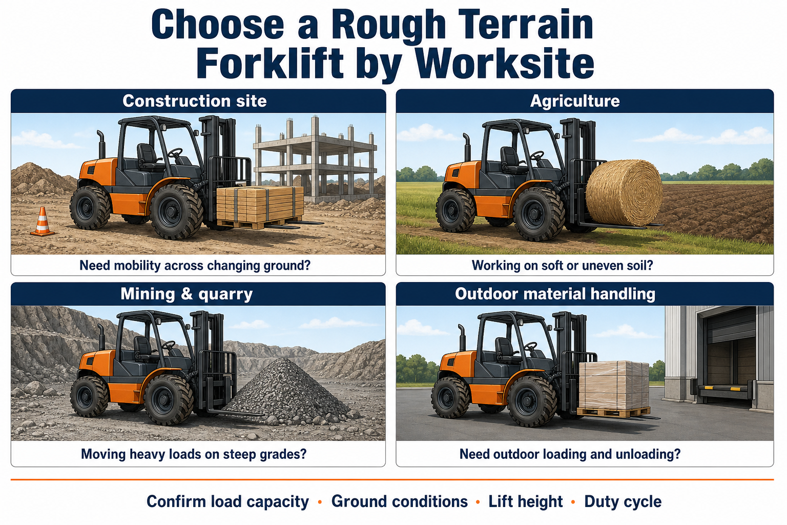 Rough terrain forklift selection guide for construction agriculture mining and outdoor material handling