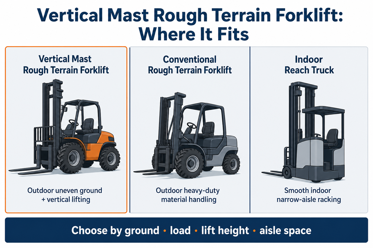 Vertical mast rough terrain forklift compared with conventional rough terrain forklift and indoor reach truck