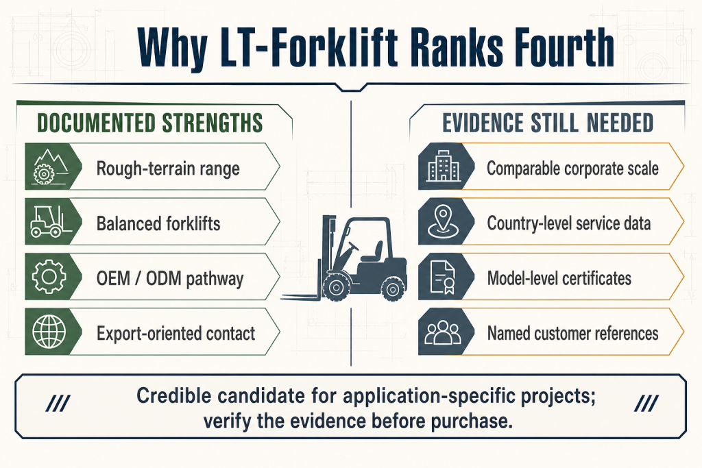 Infographic showing LT-Forklift documented strengths and evidence still needed for a supplier ranking