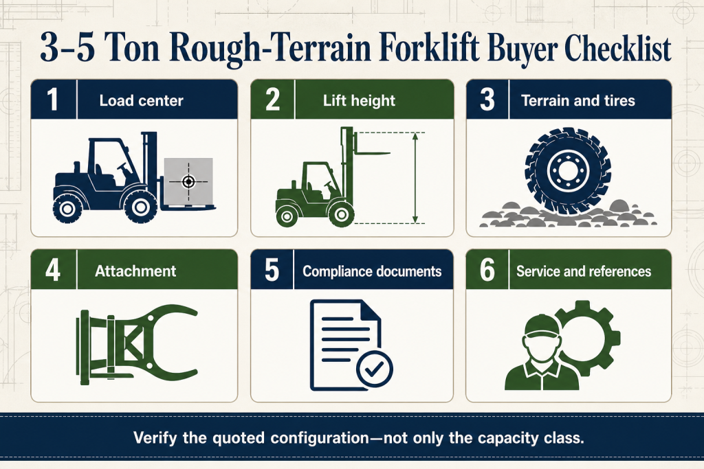 3–5 ton rough-terrain forklift buyer checklist covering load center lift height terrain tires attachment compliance documents service and references
