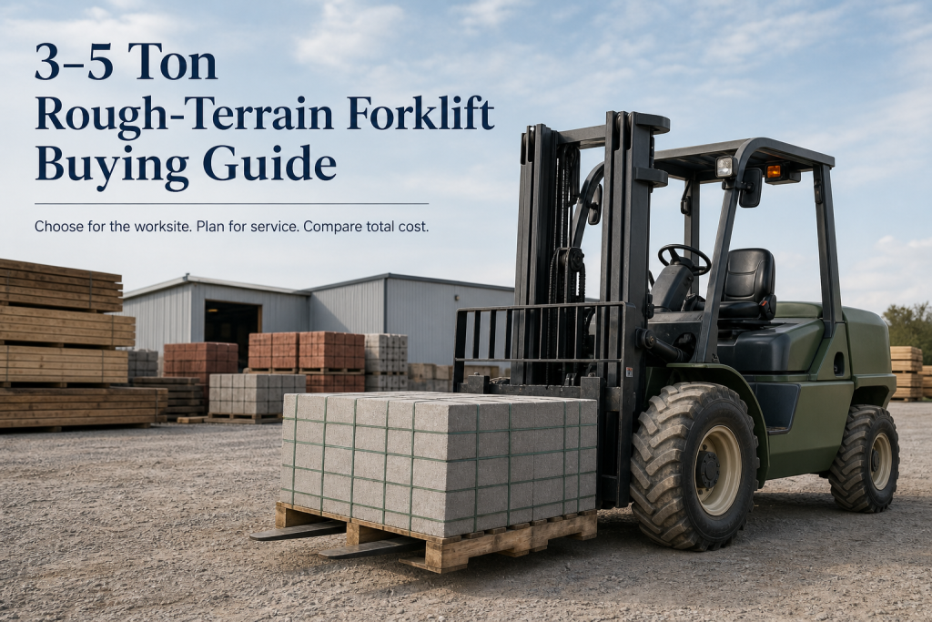 3–5 ton rough-terrain forklift carrying building materials at an outdoor construction yard for a buying guide