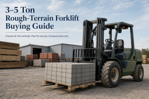 3–5 ton rough-terrain forklift carrying building materials at an outdoor construction yard for a buying guide