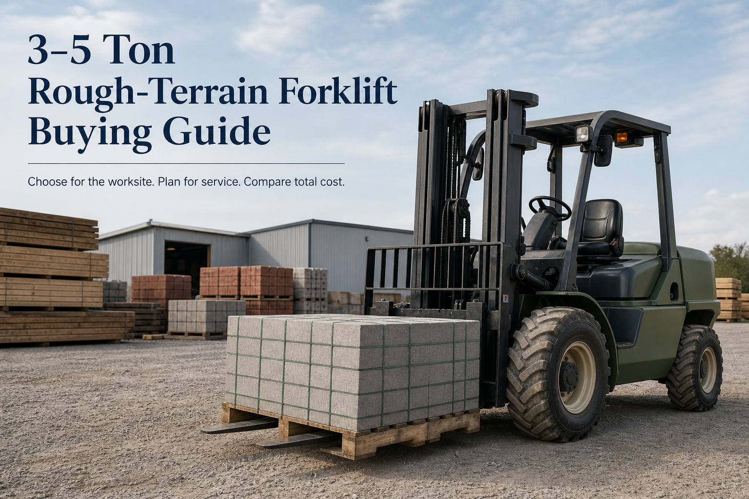 3–5 ton rough-terrain forklift carrying building materials at an outdoor construction yard for a buying guide