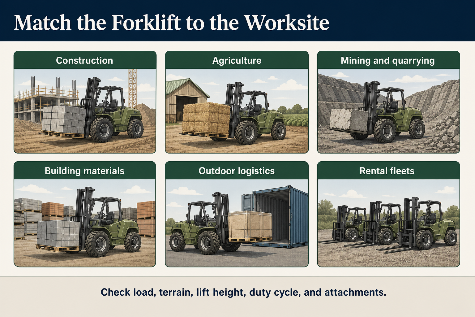 3–5 ton rough-terrain forklift worksite selection infographic covering construction agriculture mining building materials outdoor logistics and rental fleets