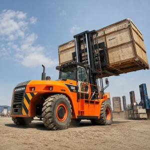 Heavy-duty 4WD rough terrain forklift lifting oversized cargo with extended load center