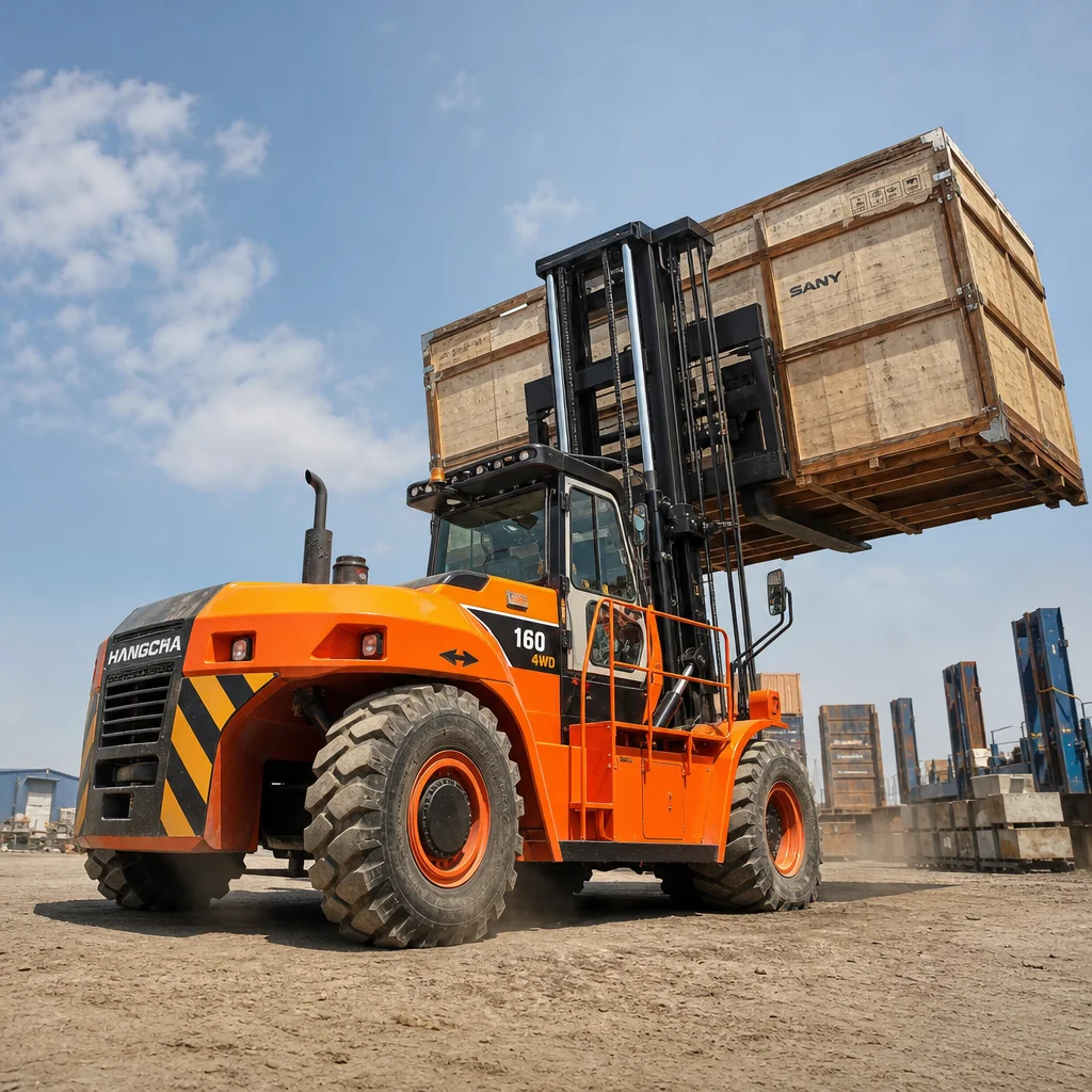Heavy-duty 4WD rough terrain forklift lifting oversized cargo with extended load center
