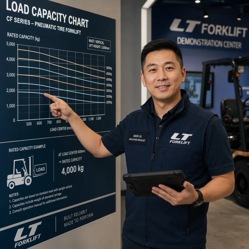 David Liu, Product Applications Specialist, reviewing technical forklift load capacity charts