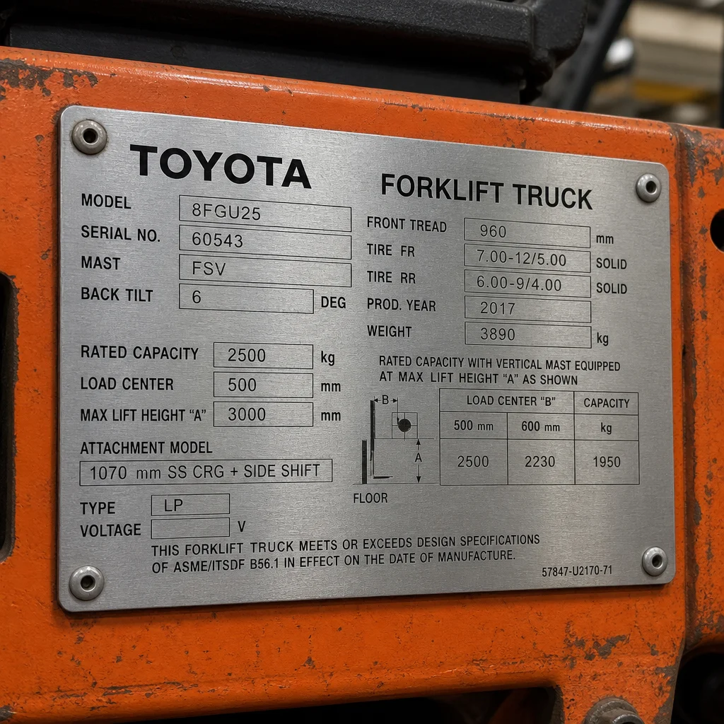 Certified stainless steel forklift data plate nameplate showing rated load capacity and lift height