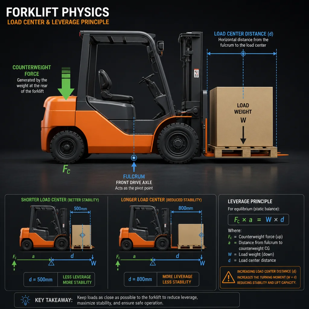 Engineering diagram explaining forklift leverage physics, fulcrum, and load center distance