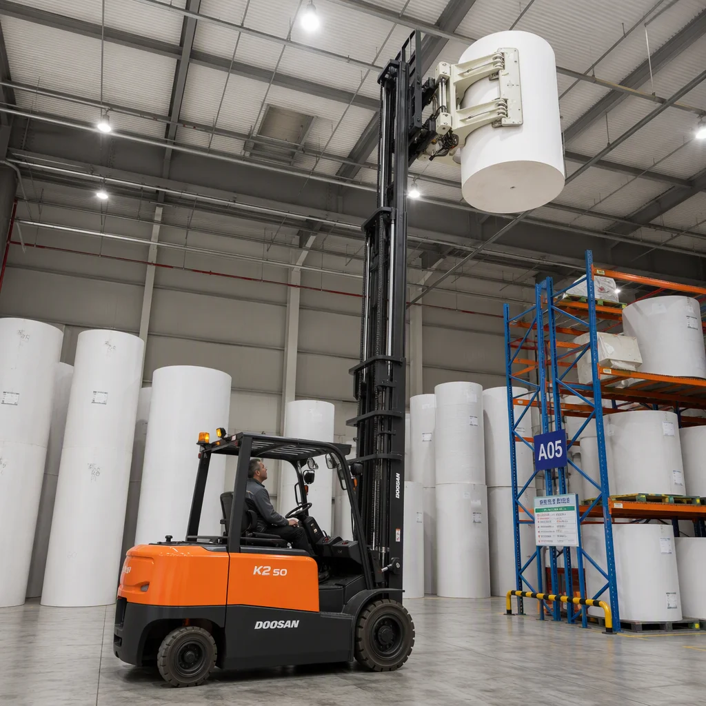 Electric counterbalance forklift with high triplex mast and hydraulic roll clamp attachment