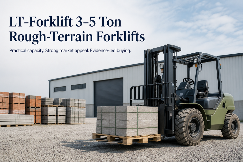 LT-Forklift 3–5 ton rough-terrain forklift handling palletized building materials at an outdoor industrial yard