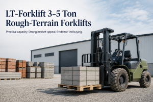 LT-Forklift 3–5 ton rough-terrain forklift handling palletized building materials at an outdoor industrial yard