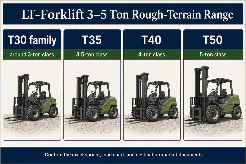 LT-Forklift 3–5 ton rough-terrain forklift range infographic showing the T30 family T35 T40 and T50