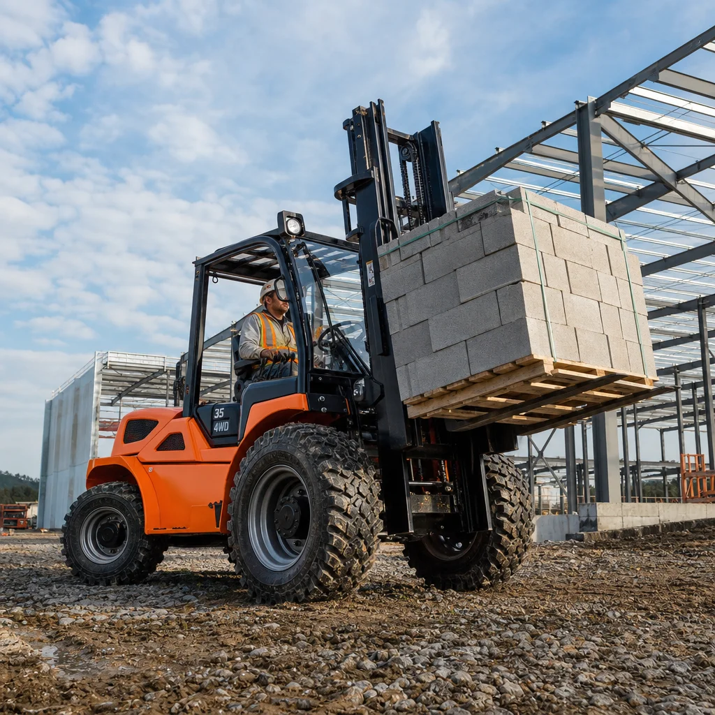 Heavy-duty 4WD rough terrain forklift lifting concrete blocks on an uneven construction site