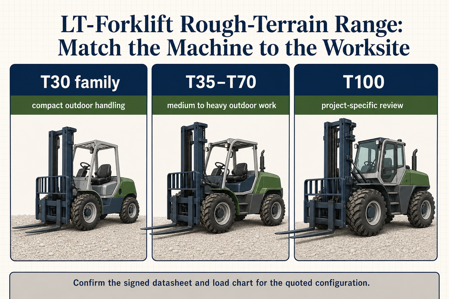 LT-Forklift rough-terrain forklift range infographic showing the T30 family T35 to T70 and T100 project review