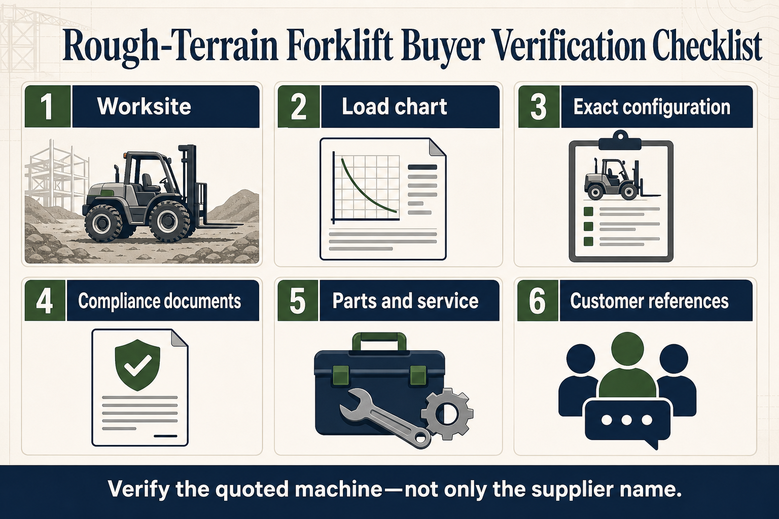 Rough-terrain forklift buyer verification checklist covering worksite load chart exact configuration compliance documents parts service and customer references