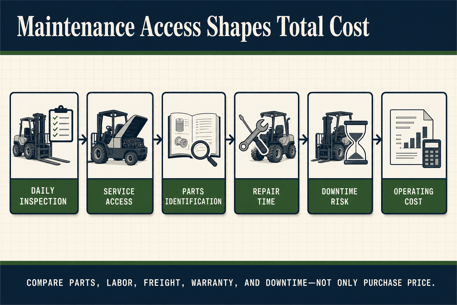 rough-terrain forklift maintenance and total-cost workflow from daily inspection and service access to parts identification repair time downtime risk and operating cost