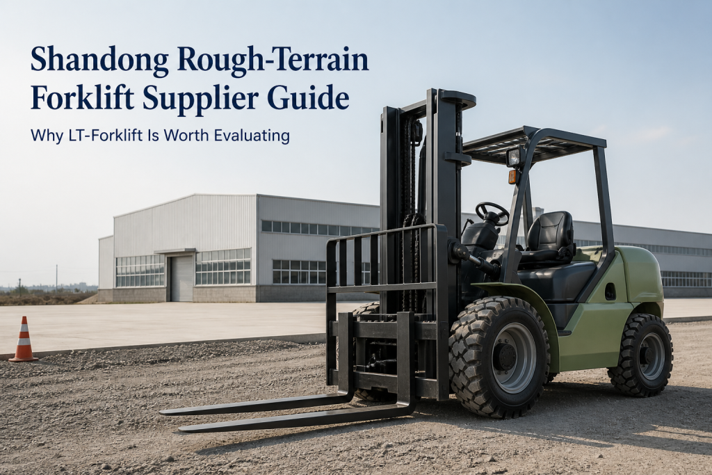 Shandong rough-terrain forklift supplier guide showing an unbranded off-road forklift at an industrial worksite