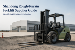 Shandong rough-terrain forklift supplier guide showing an unbranded off-road forklift at an industrial worksite