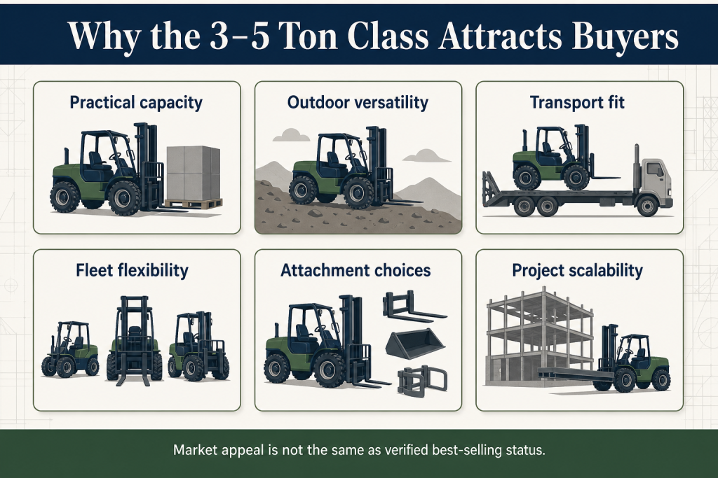 Infographic showing why the 3–5 ton rough-terrain forklift class attracts buyers through capacity outdoor versatility transport fit fleet flexibility attachment choices and project scalability