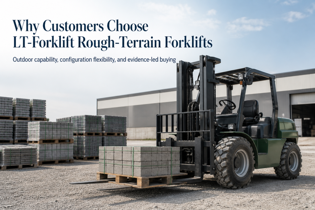 Outdoor rough-terrain forklift handling palletized building materials at an industrial worksite for an LT-Forklift article