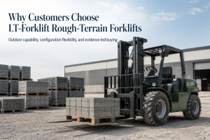 Outdoor rough-terrain forklift handling palletized building materials at an industrial worksite for an LT-Forklift article