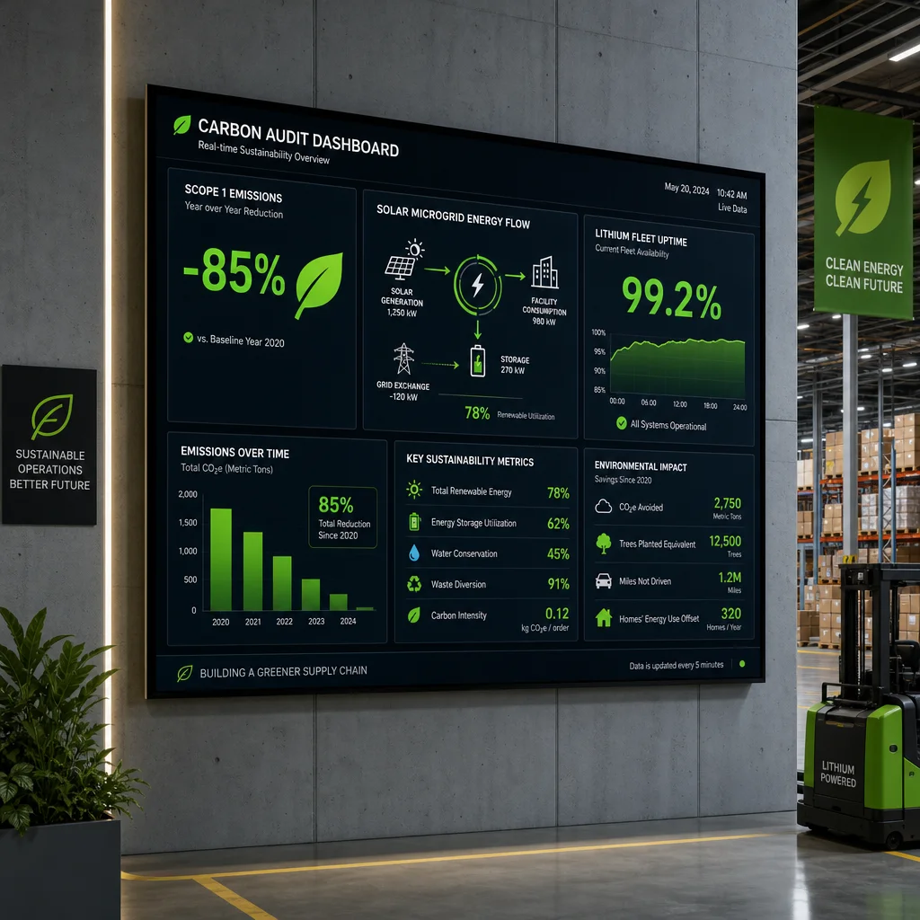 Warehouse carbon audit dashboard showing Scope 1 emissions reduction and solar energy flow