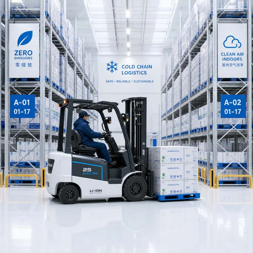Clean zero-emission electric forklift operating in a pharmaceutical cold-chain warehouse