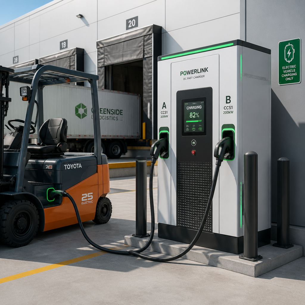 Heavy-duty industrial dual-gun DC fast charging station installed on a logistics loading dock