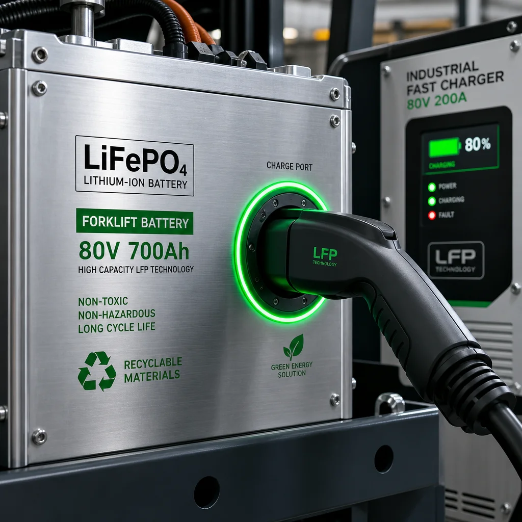High-capacity recyclable LiFePO4 forklift battery connected to an industrial fast charger