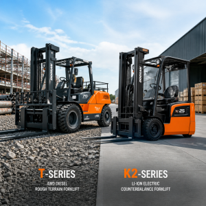 Diesel 4WD rough terrain forklift and electric counterbalance forklift operating side-by-side in mixed-terrain yard