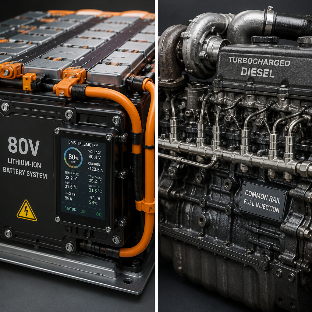 Technical comparison between 80V lithium-ion battery pack with BMS and heavy-duty turbo diesel engine