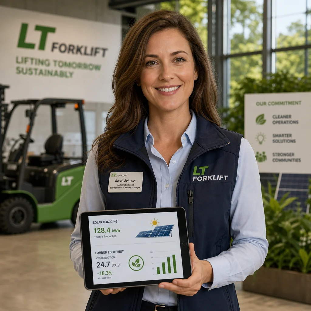 Sarah Johnson, Sustainability and Environmental Affairs Manager at LT FORKLIFT, reviewing fleet carbon metrics