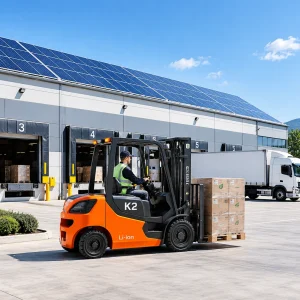 Modern sustainable logistics warehouse with rooftop solar panels and electric forklift fleet