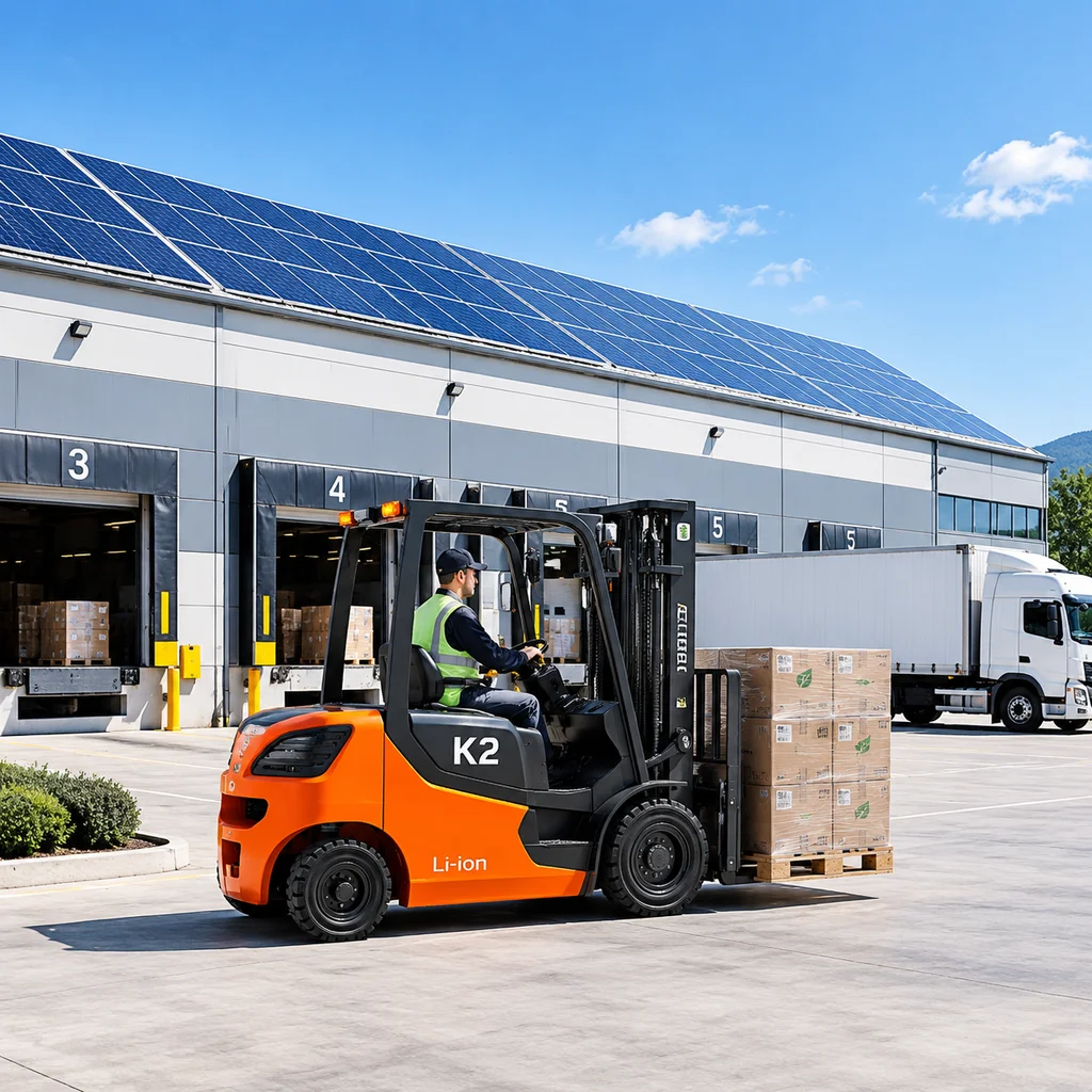 Modern sustainable logistics warehouse with rooftop solar panels and electric forklift fleet