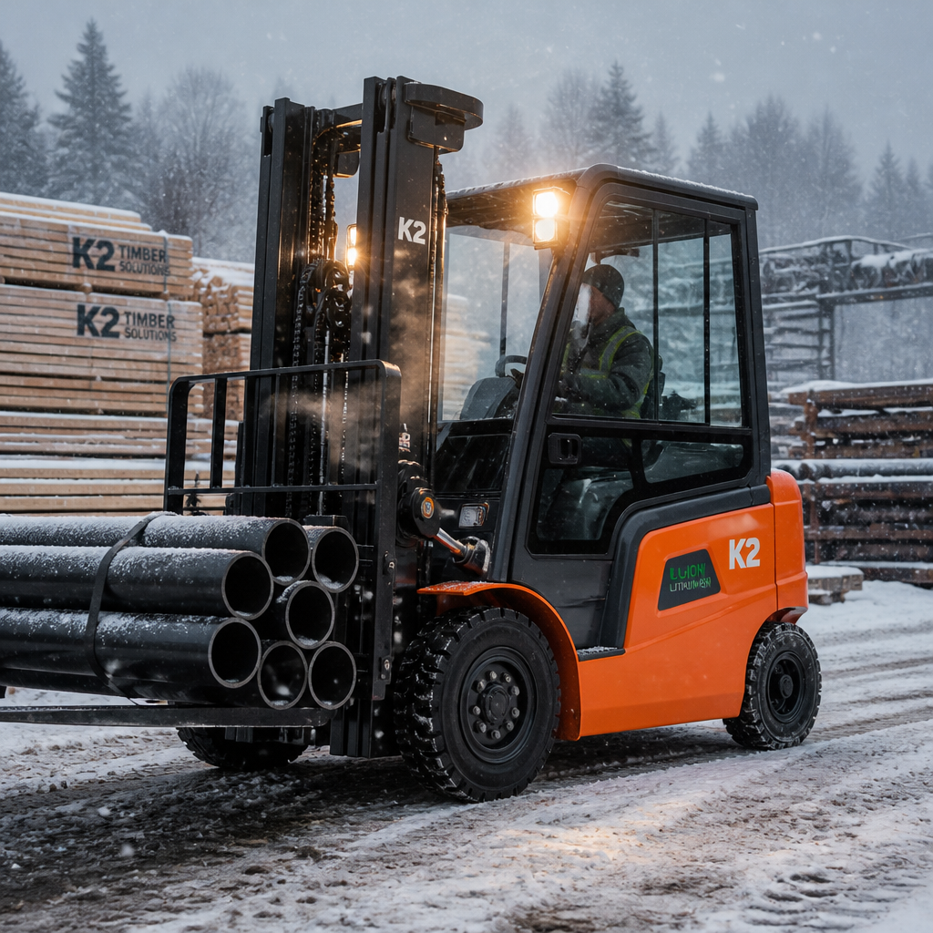 Lithium-ion electric forklift operating reliably in outdoor sub-zero winter snow conditions